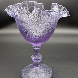 Vintage Fenton Purple Glass Wisteria Tree Of Life 6.5” Ruffled Edge Compote